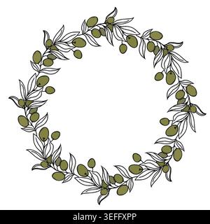 Vector illustration of a delicate circular olive wreath with green leaves. Elegant round botanical frame for plate design, wedding, and organic logo. Stock Vector