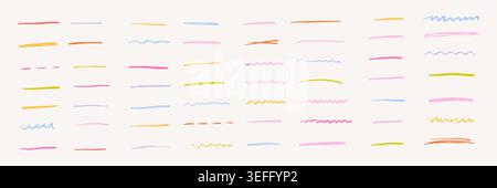 Colorful line art set with pencil, crayon and paint brush strokes isolated on white background. Creative drawing elements for kids education, art design, school supplies and handmade illustration. Stock Vector