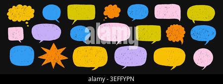 Crayon speech bubble set with hand drawn doodle shapes, rough wax texture and playful style. Cartoon dialog clouds, sketch outlines, pastel colors, kids design elements isolated on white background. Stock Vector
