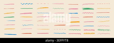 Colorful line art set with pencil, crayon and paint brush strokes isolated on white background. Creative drawing elements for kids education, art design, school supplies and handmade illustration. Stock Vector