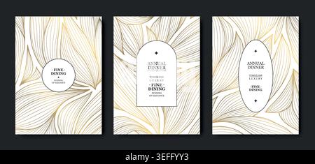Elegant luxury floral pattern, golden line flowers, leaves, ornamental art deco elements. Modern vector illustration, wedding invitations, perfume Stock Vector