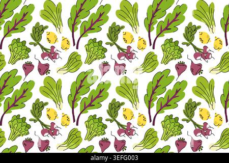 Seamless vegetable pattern with green leaves of chard, lemon, radish, beetroot and salads, local market products for the Mediterranean diet Stock Vector