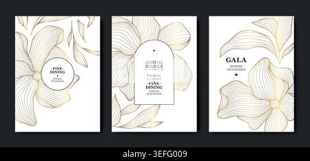 Elegant luxury floral pattern, golden line flowers, leaves, ornamental art deco elements. Modern vector illustration, wedding invitations, perfume Stock Vector