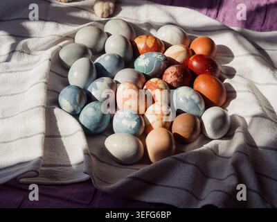 Dyed Easter Eggs with Floral Imprints and Cat Paws on Sunlit Linen Stock Photo