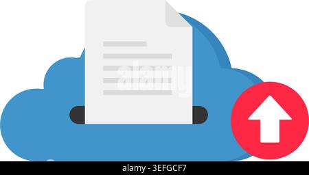Flat vector graphic of a paper file uploading to a blue cloud, symbolizing digital data storage and remote backup. Stock Illustration. Stock Vector
