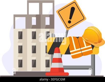 Vector graphic featuring a multi-story building frame, traffic cone, safety vest, and hard hat at a construction site. Stock illustration. Stock Vector