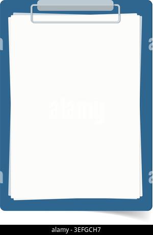 A top-view vector illustration of a blue clipboard holding a stack of empty white paper sheets for notes or checklist. Stock Illustration. Stock Vector