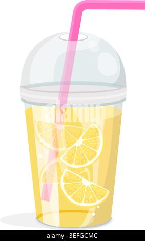 Refreshing lemonade with citrus slices in a clear plastic cup with a pink straw and dome lid stock illustration. Stock Vector
