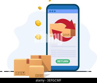 A smartphone app interface showing the process of returning cardboard boxes for a money-back refund. Stock Illustration. Stock Vector
