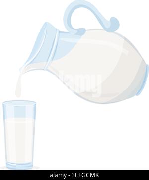 Simple illustration of milk being poured from a bottle into a glass, clean minimal style representing freshness and daily nutrition. Stock Vector