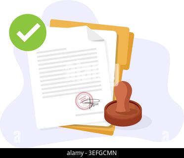 Flat vector illustration of a signed paper with a rubber stamp, folder, and green checkmark for approval concepts. Stock illustration. Stock Vector
