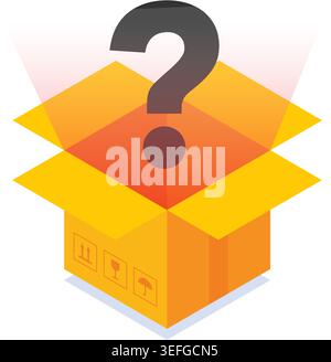 Isometric view of an open delivery package with a floating question mark inside, signifying a mystery or surprise. Stock illustration. Stock Vector