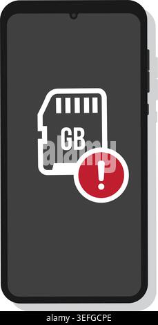 Minimal flat design showing smartphone screen with memory card symbol and warning sign, representing storage issues and data capacity problems. Stock Vector