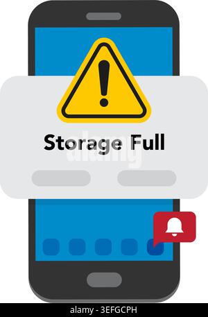 A flat vector graphic showing a mobile phone displaying a low memory alert and warning icon on the screen. Stock illustration. Stock Vector