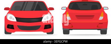 Vector graphic showing the front and back views of a modern red subcompact car isolated on a white background. Stock illustration. Stock Vector