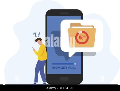 A man looking at his phone with a 95 percent full storage notification and a memory full alert stock illustration. Stock Vector