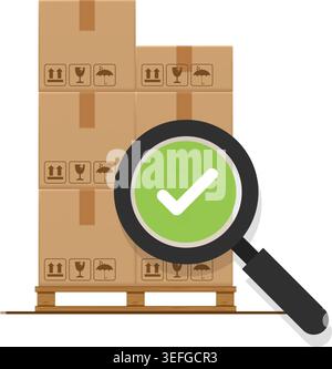 Magnifying glass with a green checkmark verifying a stack of shipping boxes on a wooden pallet for logistics delivery. Stock Illustration. Stock Vector