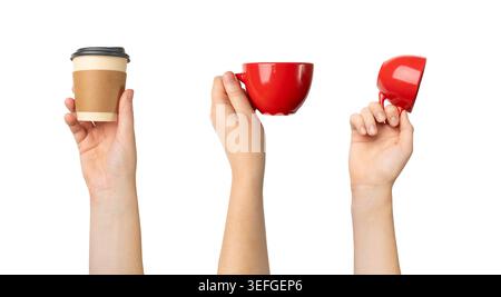 Hand Holds Cup Isolated, Empty Paper Cup in Hands, Coffee Mug, Teacup, Hot Beverage Mockup, Cup in Arms on White Background with Copy Space for Text S Stock Photo