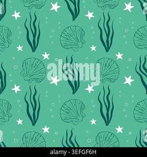 Mint green seamless pattern with dark emerald seaweed laminaria, hand drawn scallop seashells, white starfish and water bubbles vector illustration fo Stock Vector