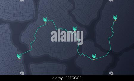 GPS navigation to pins and multiple markers on route. Cty map featuring directional signs, an intended goal point. Abstract plan highlights POI city Stock Vector