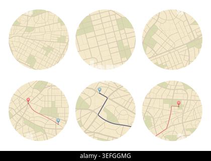 Set of Gps map navigation. View from above road map. Detailed view of city. Abstract background. Flat style, Vector, illustration isolated Stock Vector
