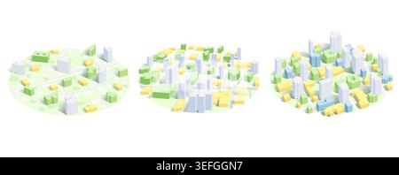 Set of map views. Urban planning for development smart city. 3D isometric city map. Detailed view of skyline with dense infrastructure and Stock Vector