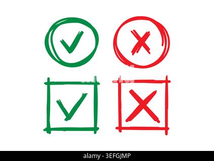doodle check sign. doodle cancel sign. hand drawn cancel symbol and confirmation symbol. Stock Vector