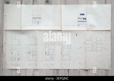 Architect rolls and architectural plan,technical project drawing Stock Photo