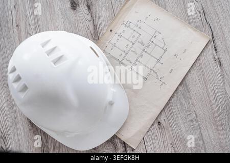 Architect rolls and architectural plan,technical project drawing Stock Photo