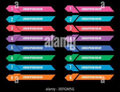 eight steps banner template on black background. colorful and horizontal bar banners. Stock Vector