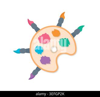 five art brushes and painter's palette. colorful brushes and palette concept. Stock Vector