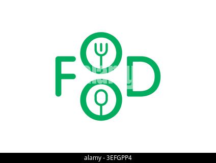 fork, spoon and food word. green food concept. Stock Vector