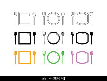 fork and spoon and plate group. fork, spoon and plate symbols for menu, restaurant. Stock Vector