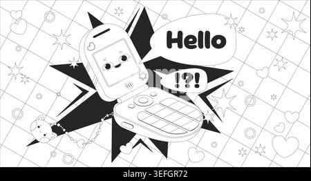 Kawaii Y2K flip phone with hello message lo fi line illustration Stock Vector