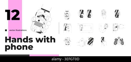Hands holding and scrolling phones line neo brutalism tutorial graphic pack Stock Vector