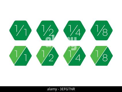 Fractional numbers in green hexagons. whole, half, quarter fractional numbers. fractional numbers concept. Stock Vector