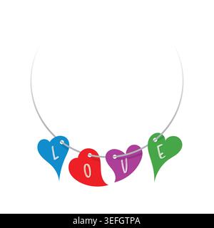 four heart necklace and the word love. heart jewelry concept. Stock Vector