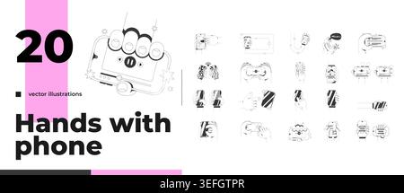 Hands with phones line neo brutalism tutorial graphic pack Stock Vector
