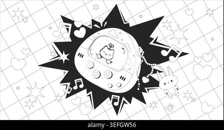 Cute Y2K virtual pet device lo fi line illustration Stock Vector