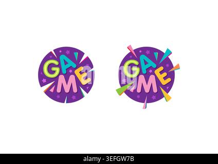 game logo in purple circle. cheerful and colorful game concept. colorful game word. Stock Vector