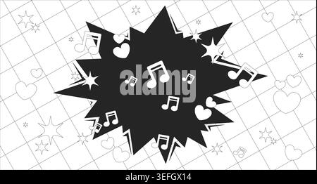 Energetic music burst with hearts and sparkles lo fi line background Stock Vector