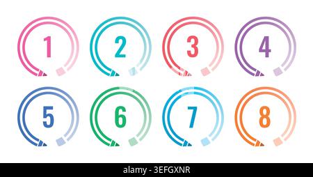 gradient 1-8 step round pencils. colored round pencils. Stock Vector