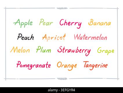 Fruit names written by hand. hand drawn mixed fruit names Stock Vector