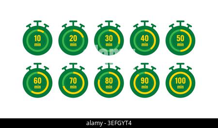 green, yellow stopwatch set. ten step stopwatch design. stopwatch concept for education, sport world. Stock Vector