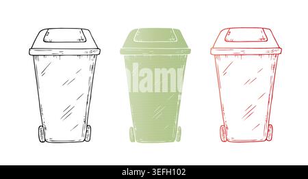 Vector wheeled plastic garbage cans set. Graphic hand drawn black trash illustration isolated on background. Zero waste, sustainable living concept Stock Vector