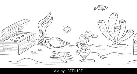 Shells, corals and a treasure chest, seamless horizontal border, hand-drawn. Vector illustration. Marine life on the ocean floor, isolated pattern on Stock Vector