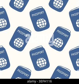 Blue passport doodle pattern with globe symbol. Travel document for international journey concept in flat style. Seamless background illustration. Stock Vector