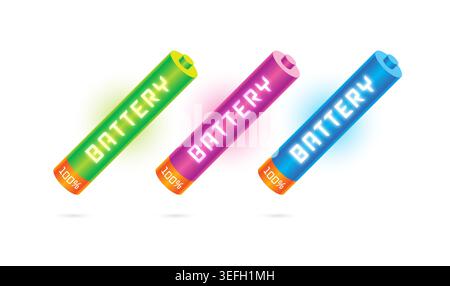 green 100 percent battery. purple 100 percent battery. blue 100 percent battery. battery concept set. Stock Vector