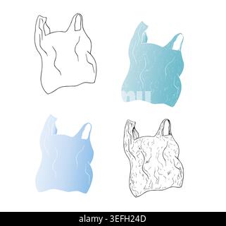 Vector crumpled blue plastic shopping bags with handles set. Graphic hand drawn black trash illustration isolated on background. Zero waste Stock Vector