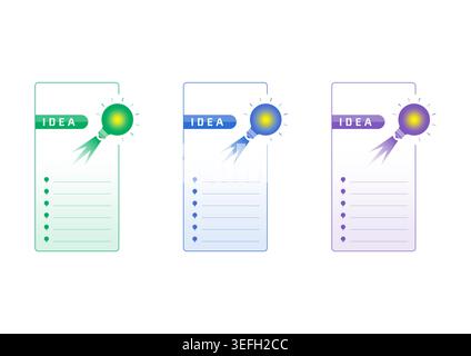 green, navy, and purple light bulbs and note paper. idea and note paper concept. Stock Vector